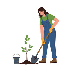 Vector art of woman planting a small tree in the ground with a shovel © Lucy Abstracts