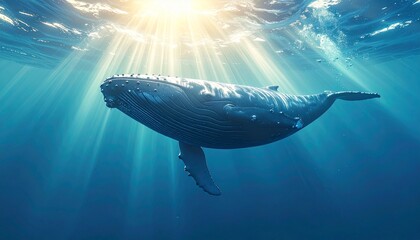 Naklejka premium 3D Wal, unter Wasser schwebend, Lichtstrahlen von oben, ruhige Atmosphäre, fotorealistisch