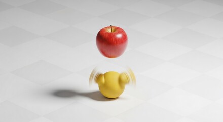 Red apple hovering above a spinning yellow toy on a patterned white surface