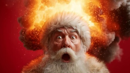 Santa Claus expresses surprise amidst a dramatic explosion and Christmas festive atmosphere, capturing the essence of a lively holiday celebration