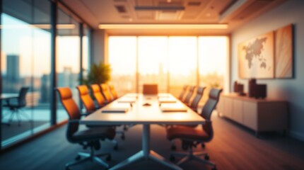 blurred background of a modern office interior with panoramic windows and beautiful lighting, Blurred office meeting room