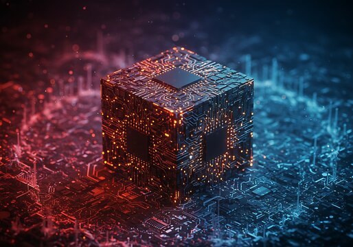 Futuristic Circuit Cube, Red Blue Digital Technology - Powered by Adobe