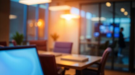 blurred background of a modern office interior with panoramic windows and beautiful lighting, Blurred office meeting room