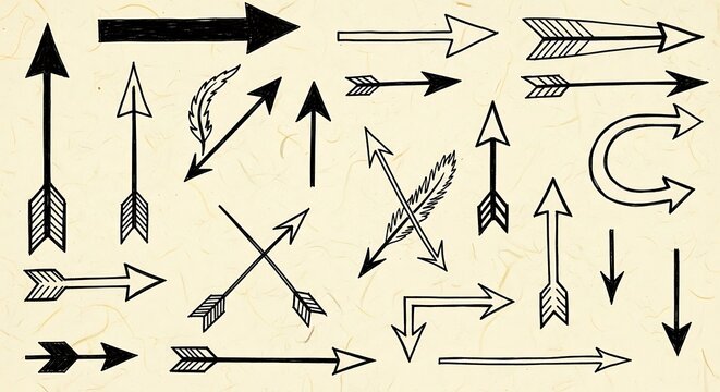 Collection of various hand-drawn arrow designs on a light beige background, featuring different angles and styles, perfect for graphic design elements.
