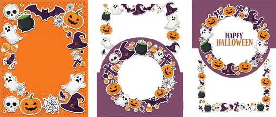 Whimsical Halloween frames featuring friendly ghosts, pumpkins, and bats for festive invitations or decorations