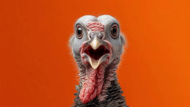 A turkey with opened beak expresses shock over orange background, showcasing the spirit of the Thanksgiving holiday season in november