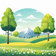 Obraz premium spring landscape with trees in the foreground and hills with vibrant blooming meadow