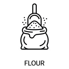 Flour sack with scoop and grains for baking and cooking ingredients in black and white line art style silhouette