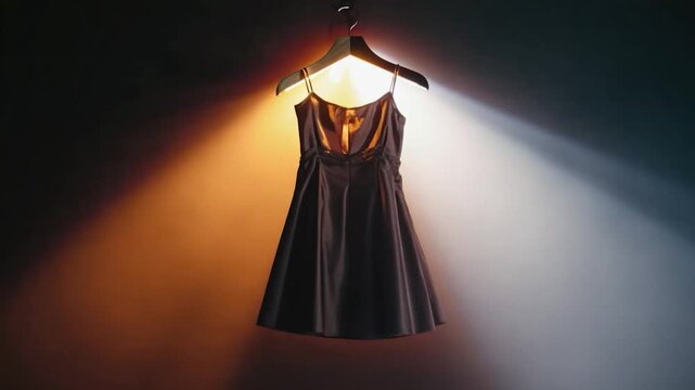 Dark dress hanging on a light-up hanger against a gradient background