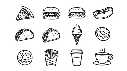 Doodle style fast food icons set featuring pizza burgers hot dogs tacos ice cream donuts coffee fries silhouette