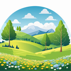 Naklejka premium spring landscape with trees in the foreground and hills with vibrant blooming meadow