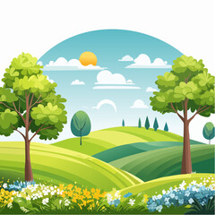 Naklejka premium spring landscape with trees in the foreground and hills with vibrant blooming meadow