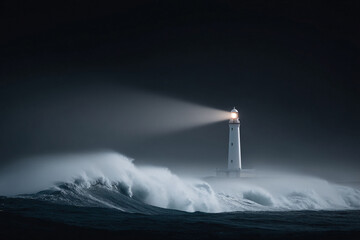 Dramatic seascape featuring a white lighthouse shining its beacon through powerful waves. Represents guidance, strength, and resilience amidst challenges. Ideal for motivational content.