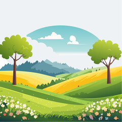 Obraz premium spring landscape with trees in the foreground and hills with vibrant blooming meadow