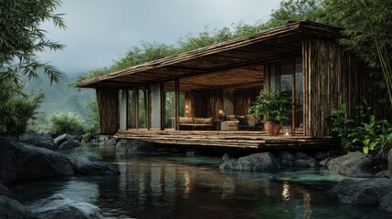Fototapeta premium Serene bamboo house by tranquil stream reflecting nature's elegance