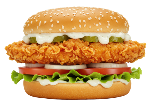 A close-up of a gourmet crispy fried chicken sandwich with a thick golden patty, fresh lettuce, tomato, onion, creamy white sauce on a sesame bun, transparent background. Concept for fast food - Powered by Adobe