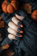 Una mano femminile con unghie decorate con motivi di zucca color arancione su uno sfondo nero lucido, circondato da zucche e foglie autunnali per festeggiare  Halloween.
