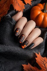 Una mano di donna con unghie decorate con motivi di zucca color arancione su uno sfondo nero lucido, circondato da zucche e foglie autunnali per festeggiare  Halloween.