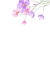 Watercolor flowers, floral frame border for greeting card, invitation and other printing design. Isolated on white. Hand drawing.	