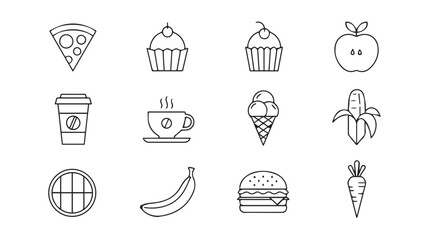 Hand drawn food icons collection fresh delicious meals and drinks for your designs silhouette