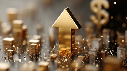 Golden Upward Arrow Surrounded by Rectangular Data Blocks and Dollar Symbol on Dark Surface with Sparkling Effects Representing Economic Growth, Financial Expansion, and Market Rise