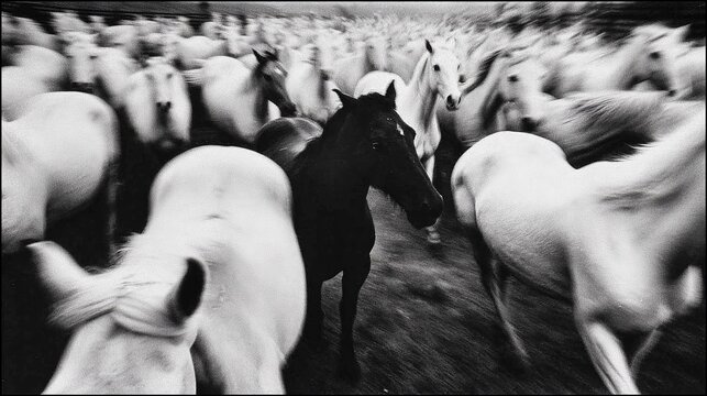 Un'immagine in bianco e nero con un'elevata componente di dinamismo ritrae una mandria di cavalli che si muovono in massa, con un marcato contrasto tra un cavallo scuro e la maggior parte chiara.
