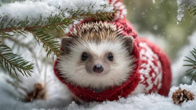 A hedgehog wearing a cozy red sweater is nestled among snow covered branches, celebrating the Christmas holiday season