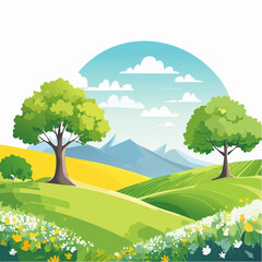 Obraz premium spring landscape with trees in the foreground and hills with vibrant blooming meadow