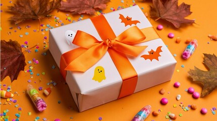 Un pacco regalo di Halloween decorato con nastro arancione e carta bianca, decorato con fantasmini e pipistrelli