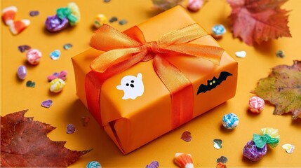 Pacchetto regalo arancione, decorato con un nastro dello stesso colore, a tema Halloween con fantasmino e pipistrello. Intorno caramelle e foglie autunnali