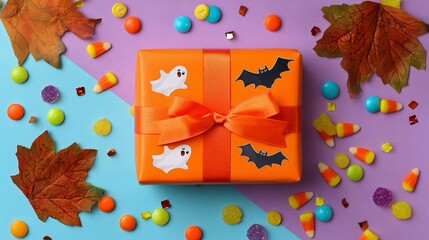 Pacchetto regalo arancione, decorato con un nastro dello stesso colore, a tema Halloween con fantasmini e pipistrelli. Intorno caramelle e foglie autunnali