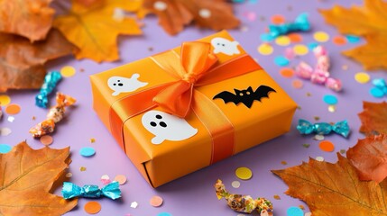 Pacchetto regalo arancione, decorato con un nastro dello stesso colore, a tema Halloween con fantasmini e pipistrelli. Intorno caramelle e foglie autunnali