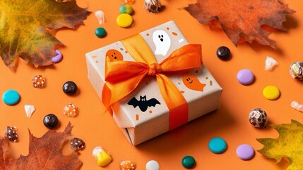 Scatola regalo, a tema Halloween con fantasmini e pipistrelli. Intorno caramelle e foglie autunnali