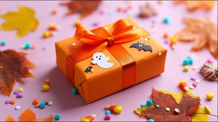 Pacco regalo incartato per Halloween  con carta arancione decorata con fantasmi e pipistrelli, con un nastro arancione brillante che forma un fiocco. Intorno foglie secche rosse e marroni e caramelle.