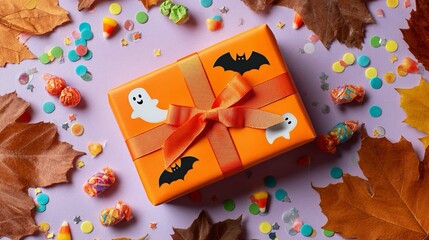 Pacco regalo incartato per Halloween  con carta arancione decorata con fantasmi e pipistrelli, con un nastro arancione brillante che forma un fiocco. Intorno foglie secche rosse e marroni e caramelle.