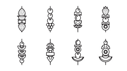 Hand drawn appetizer skewers collection diverse food party snacks casual gathering bites silhouette