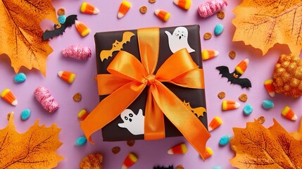 Pacchetto regalo, decorato con un nastro arancione, a tema Halloween con fantasmino e pipistrello. Intorno caramelle e foglie autunnali