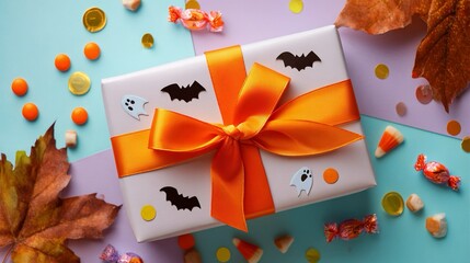 Pacchetto regalo lilla, decorato con un nastro dello stesso arancione, a tema Halloween con fantasmini e pipistrelli. Intorno caramelle e foglie autunnali
