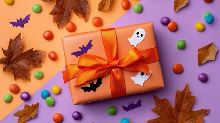Scatola regalo, a tema Halloween con fantasmini e pipistrelli. Intorno caramelle e foglie autunnali