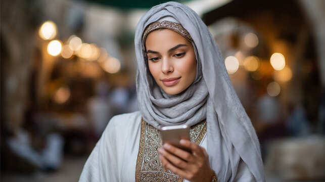 A businesswoman wearing a hijab walking through a bustling Middle Eastern souk, using her smartphone to manage her online store.souk, online business, hijab, female entrepreneur, e - Powered by Adobe