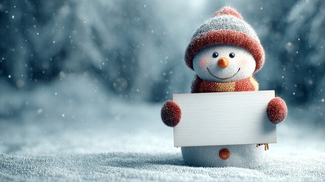 Christmas winter background with 3d snowman holding blank white board, festive holiday banner template for happy new year greeting card mockup and funny seasonal celebration design