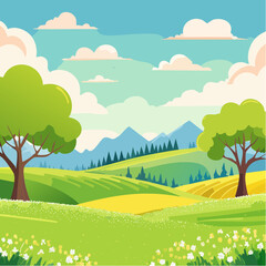 Obraz premium spring landscape with trees in the foreground and hills with vibrant blooming meadow