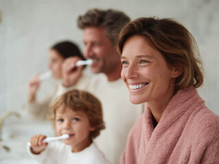 Happy family brushing teeth together. Represents dental hygiene, health, morning routine, and togetherness. Useful for healthcare, lifestyle, and family wellness content.