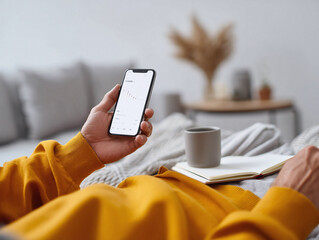 Relaxed person checking finances on smartphone in bed. Cozy atmosphere with coffee and notebook. For business, lifestyle, and investment themes.