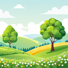 Obraz premium spring landscape with trees in the foreground and hills with vibrant blooming meadow
