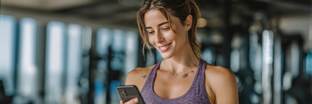 Smiling woman in workout attire looks at her phone inside a gym, with exercise equipment blurred