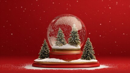 Christmas glass snow globe on snow with fir trees, realistic 3d transparent snowball on red background, holiday podium for festive banners, posters, and seasonal decor