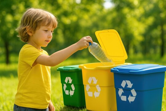Child participates in recycling by placing a plastic bottle into a yellow bin on a sunny day in a green park