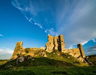 Obraz premium Ruined stone castle on a grassy hilltop under a vibrant blue sky