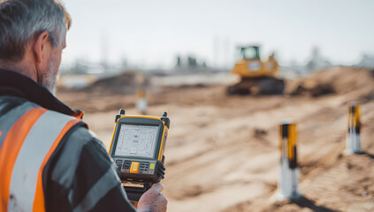 Realistic photo of engineer surveying land with modern digital equipment